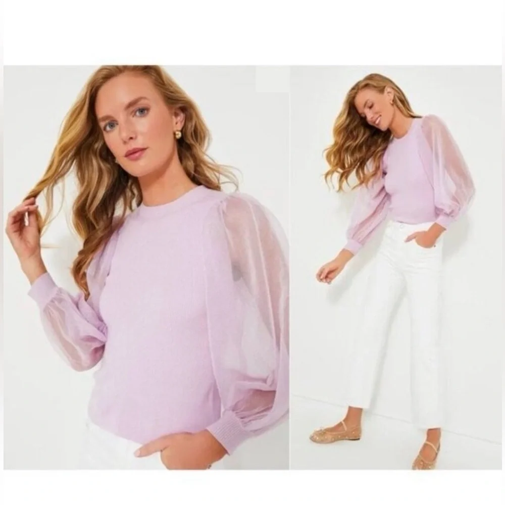 Tuckernuck Betsy Lilac Puff Sleeve Knit Blouse Sheer Sleeve Size S NWT